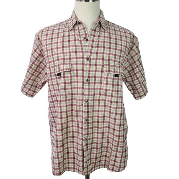 Colo Wear Red Cream Plaid Flap Pocket Vintage Short Sleeve Button Front Shirt L - Picture 1 of 3